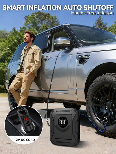 Portable Tire Inflator Air Compressor With 150 PSI Fast Inflation No Battery Needed 12V DC Car Adapter in use with SUV