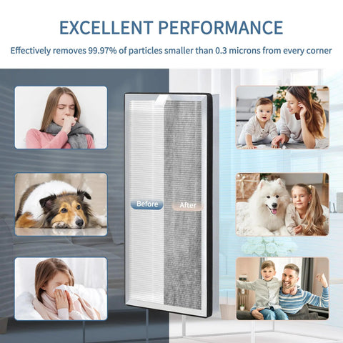 MA Series 40 Replacement Filter Pack of 2 for Air Purifier shown with performance comparison and lifestyle images.