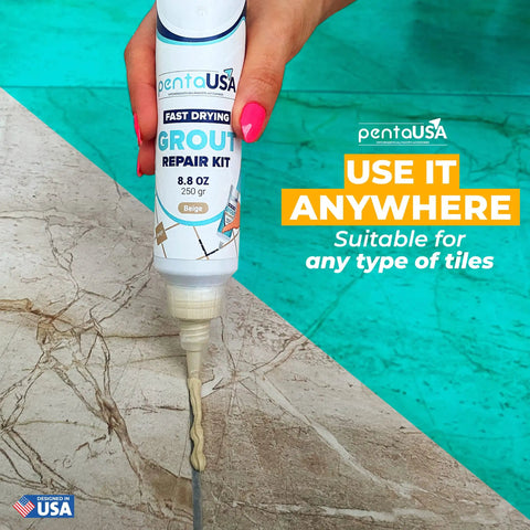 Warm Beige Tile Grout Repair Kit With Premixed Sanded Grout For Bathrooms Showers And Kitchens Water Resistant Filler Tube With Applicator Easy DIY Restore 8.8 Oz 250 G being applied to tile