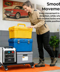 Woman using Built Like A Tank Heavy Duty Furniture Dolly With Lift Table Baffles And Locking Brakes Reinforced Steel Moving Cart for storage bins.