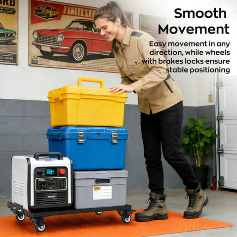 Woman using Built Like A Tank Heavy Duty Furniture Dolly With Lift Table Baffles And Locking Brakes Reinforced Steel Moving Cart for storage bins.