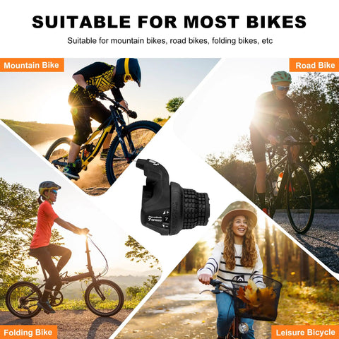 Collage showcasing 7 Speed Bike Shifter With Thumb Button And Downshift Lever Revoshift Right SL RS25 7R for versatile cycling use