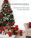 Red Flameless LED Pillar Candles With String Lights Set Of 3 Battery Operated Candles In 4 Inch 5 Inch And 6 Inch Size With Remote Control For Christmas And Festive Home Decor next to decorated Christmas tree with gifts