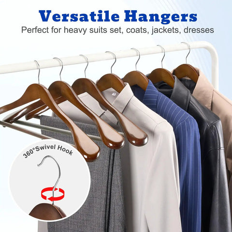 Beefy Extra Wide Solid Wood Hangers With Non Slip Bar And 360 Degree Swivel Hook For Suits, Jackets, And Pants, Heavy Duty Coat Hangers In Walnut Finish, Set Of 6 on a rack with clothes
