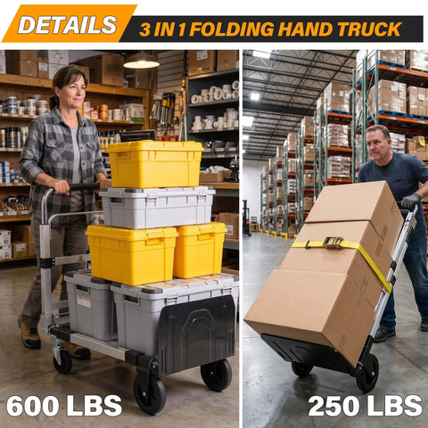 3 In 1 Convertible Hand Truck Folding Aluminum Dolly Cart With 2 Straps, Easy Setup And Smooth Transition Between Modes, Lightweight Yet Built Tough For Moving Boxes, Appliances, And Heavy Loads At Home, Workshop, Or Garage. 600 lb and 250 lb modes shown