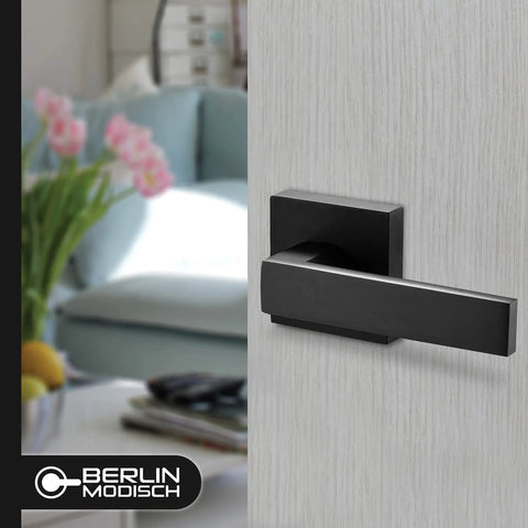 Square Entry Lever Door Handle Set With Key Lock And Locking Lever For Front Door Or Office, Heavy Duty Reversible, Iron Black Finish