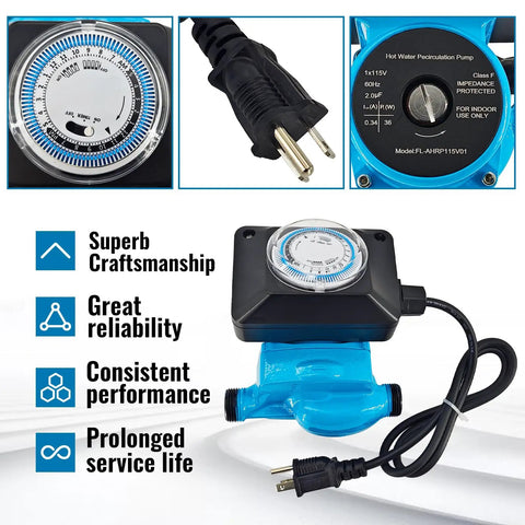 Instant Hot Water Recirculating Pump Kit For Tank Water Heaters With Smart Thermal Bypass Tech No Return Line Needed Plug And Play Cabinet Install showing timer and plug.