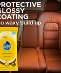 Expert Care Lemon Scent Wood Wipes For Polishing And Protecting Wood Furniture And Surfaces No Spray Convenience Pack Of 6 With 144 Total Wipes Yellow in front of brown leather car seats