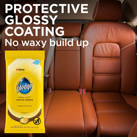 Expert Care Lemon Scent Wood Wipes For Polishing And Protecting Wood Furniture And Surfaces No Spray Convenience Pack Of 6 With 144 Total Wipes Yellow in front of brown leather car seats