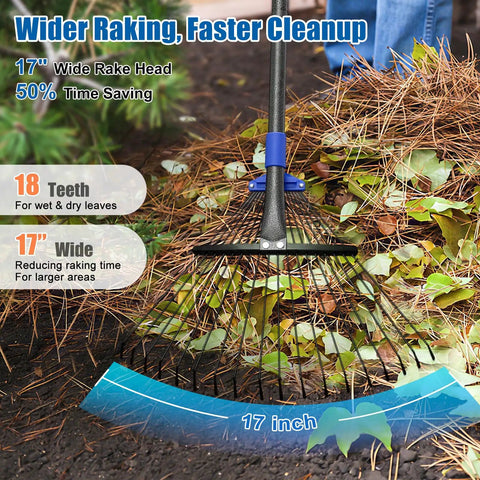 Adjustable Metal Leaf Rake With Expandable 8 To 17 Inch Head And 45 Inch Collapsible Heavy Duty Handle for yard cleanup