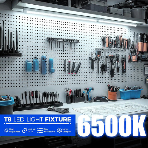 2Ft LED Shop Light 20W 3000LM 6500K T8 Fixture With Clear Cover Linkable Ceiling Tube Lights illuminating workshop bench