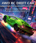 Green One Twenty Four Scale RC Drift Car 4WD With LED Lights For Night Time Drifts And High Speed 15KMH Remote Control Toy