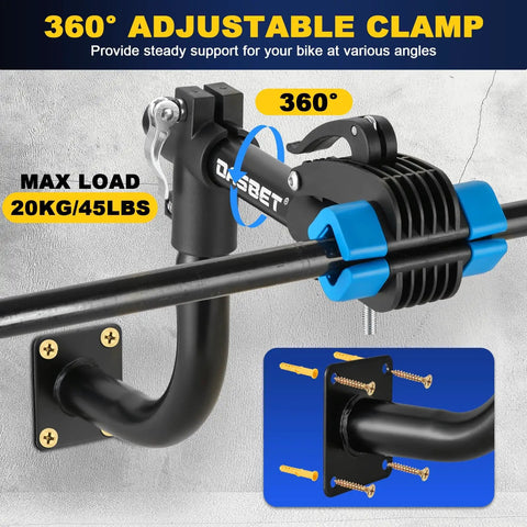 Bent Wall Mount Bike Repair Stand With Adjustable Clamp For Road And Mountain Bikes, shown with four-screw mount and 360° clamp.