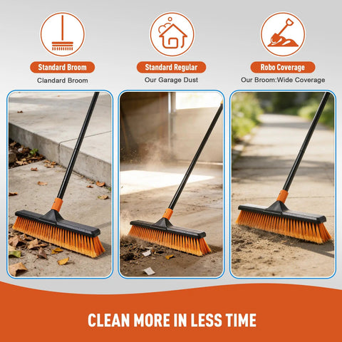 18 Inch Push Broom Outdoor Heavy Duty Beast sweeping leaves and dust on concrete surfaces with iron handle.