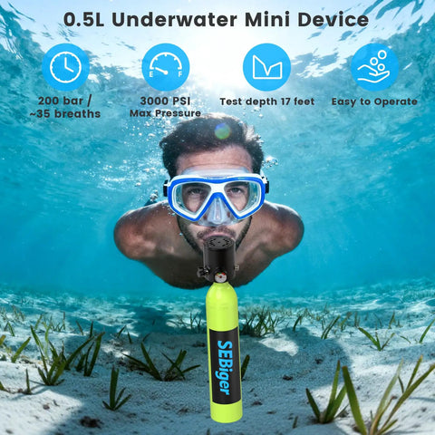 Diver using Zero Point Five L Mini Scuba Tank DOT Certified Reusable Lung Air Tank for Underwater Breathing in shallow water.