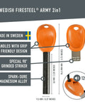 Swedish FireSteel Army 2in1, spark-sure magnesium alloy, 51mm and 95mm handles, 90° grinded striker; orange design, made in Sweden