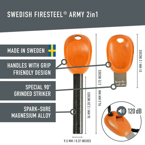 Swedish FireSteel Army 2in1, spark-sure magnesium alloy, 51mm and 95mm handles, 90° grinded striker; orange design, made in Sweden