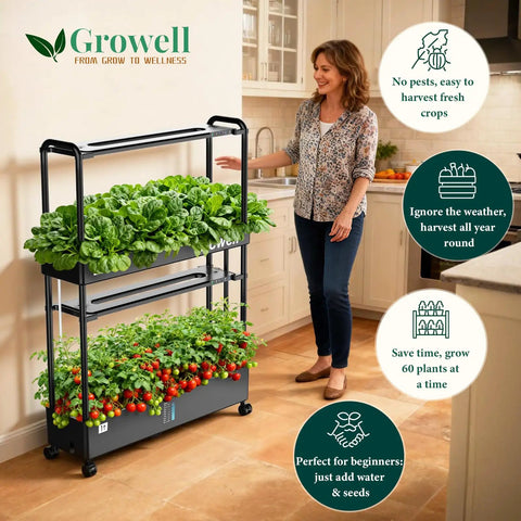 Woman standing by a 60 Pod Vertical Hydroponic Garden System With Smart Full Spectrum Grow Lights And Auto Water Circulation