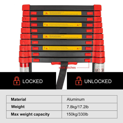 Ten Point Five Ft Aluminum Telescoping Ladder With 330 Lb Capacity, Easy Extending Folding Ladder For Roofing, Home Improvement, Outdoor DIY, And General Use, Space Saving, Portable Multi Purpose Ladder