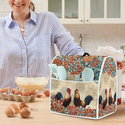 Boho Flower Chicken Pattern Mixer Cover For Stand Mixers And Small Appliances With Top Handle And Front Pocket Keepin It Clean Dustproof Polyester Kitchen Appliance Cover For Your Mixer Coffee Maker And More Two Sizes Small And Large on a kitchen countertop