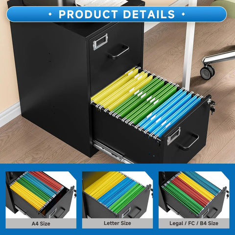 Open Two Drawer Steel File Cabinet With Lock, showing letter and A4 files in home office setting.