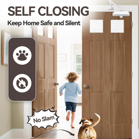 Built Tough Hydraulic Door Closer With Silent Action And Adjustable Speed For Residential Or Light Commercial Entry Doors Supporting 55 to 99 Pounds Crisp White Finish And Zero Fuss Mounting Template Pack preventing door slamming.