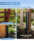 Heavy Duty Fence Post Repair Kit For Tilted Or Broken Wood Posts with galvanized steel spike, before and after installation.