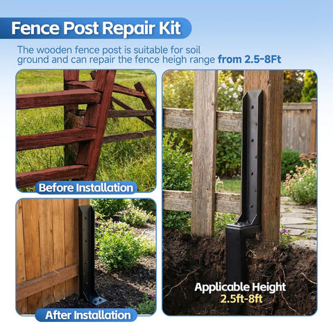 Heavy Duty Fence Post Repair Kit For Tilted Or Broken Wood Posts with galvanized steel spike, before and after installation.