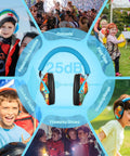 Kids Noise Cancelling Earmuffs With 25dB NRR Adjustable Headband Fireworks Pattern and children at various loud events