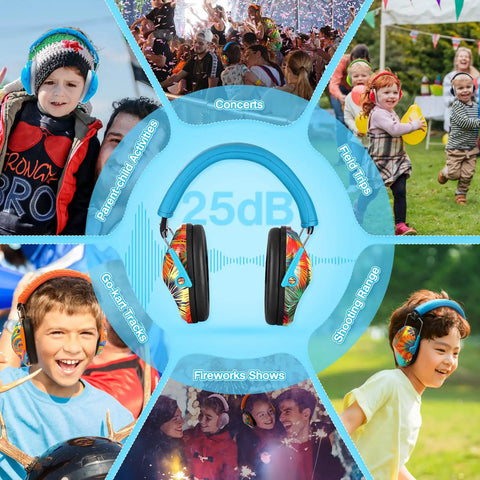 Kids Noise Cancelling Earmuffs With 25dB NRR Adjustable Headband Fireworks Pattern and children at various loud events