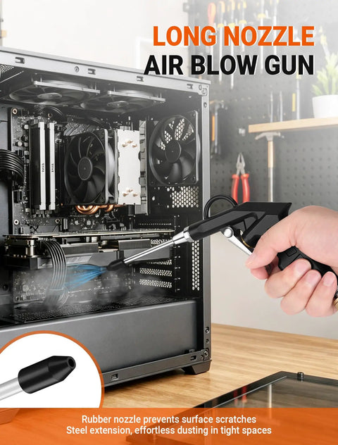 Heavy Duty Industrial Air Blow Gun With One Steel Extension Tube For Tight Squeeze Spots All Metal Construction Uses A Quarter Inch Npt Quick Connect To Bolt Straight Onto Your Compressor And Clear Dust Like A Champ, cleaning computer components.