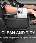 Kickass Double Duty Armrest Pad For Tesla Cybertruck Console With Nailed It Elastic Strap and Ultra Thick High Resilience Foam in use, showing organized storage.