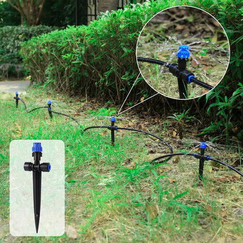 Adjustable 360 Degree Drip Irrigation Emitters installed in garden, for Quarter Inch Tubing, with close-up of water spraying