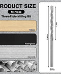 18 Piece Drywall Router Bits Set With One Eighth Inch Shank For Wood Plastic And Drywall Pro Grade M2 High Speed Steel Cutting Bits For Precision Cuts On Rotary Tools showing product size and compatible materials like wood, fiberglass, drywall, and PVC with dimensions of a three-flute milling bit.