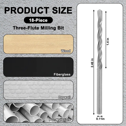 18 Piece Drywall Router Bits Set With One Eighth Inch Shank For Wood Plastic And Drywall Pro Grade M2 High Speed Steel Cutting Bits For Precision Cuts On Rotary Tools showing product size and compatible materials like wood, fiberglass, drywall, and PVC with dimensions of a three-flute milling bit.