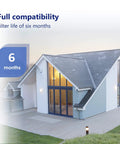 House exterior with text 'Full compatibility, filter life of six months, 6 months' promoting water filter lifespan.