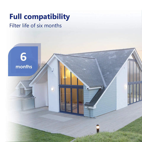 House exterior with text 'Full compatibility, filter life of six months, 6 months' promoting water filter lifespan.