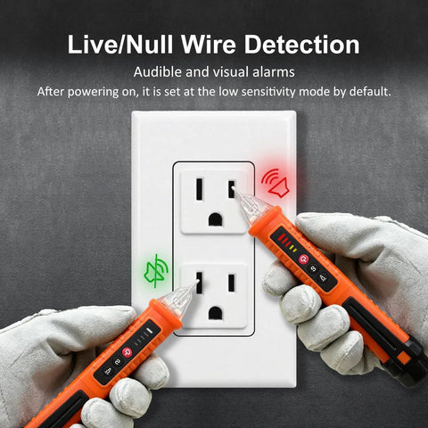 Non Contact Voltage Tester That Is Super Handy With Buzzer Alarm And Bright Flashlight For Home And Jobsite, 3 Voltage Ranges 12V 48V 70V To 1000V, Live And Null Wire Finder, NCV Detector, Wire Breakpoint Finder, Orange used at outlet