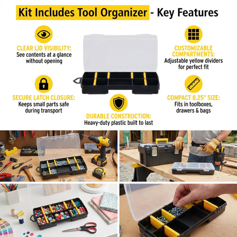10 Pack J Bolt Set With Tool Organizer Zinc Plated Silver 1.56 Inch Length 325 Lb Capacity Includes Bolts Nuts And Screws Assortment Kit For Wood And Concrete Mounting Heavy Duty Hardware shown with organizer compartments and use case scenarios.
