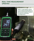 Vibration Meter VM-424 With Remote Probe measuring vibration on machinery, clear digital display showing readings.