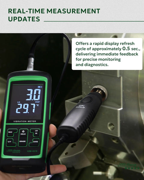 Vibration Meter VM-424 With Remote Probe measuring vibration on machinery, clear digital display showing readings.