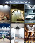 Various applications of Sputnik Style Modern LED Chandelier For Living Room With Acrylic Bubble Column, including garage and courtyard spaces
