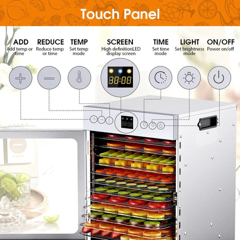 Touch panel of Straight Up Heavy Duty 12 Tray Food Dehydrator for Jerky and Dog Treats with LED display and controls.