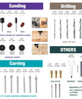 Image showing components of 306 Piece Rotary Tool Accessories Kit With Storage Case For Cutting, Sanding, Grinding, Carving, Polishing, Drilling And Engraving - Universal Fit For Dremel And One-Eighth Inch Shank Tools - Great For Wood, Metal, Glass, Plastic, Stone, including sanding drums, drill bits, and carving attachments.