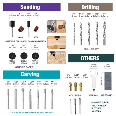 Image showing components of 306 Piece Rotary Tool Accessories Kit With Storage Case For Cutting, Sanding, Grinding, Carving, Polishing, Drilling And Engraving - Universal Fit For Dremel And One-Eighth Inch Shank Tools - Great For Wood, Metal, Glass, Plastic, Stone, including sanding drums, drill bits, and carving attachments.