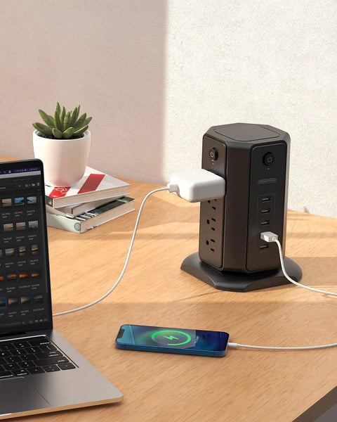 10-Foot Power Strip Tower With Eight Outlets And Five USB Ports, Dope Surge Protector With Individual Switches, 1080 Joules, 13A Circuit Breaker, Flat Plug, Desktop Charging Station For Home Office, Black, on a desk charging devices