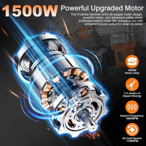 1500W motor for 1-1/4 Inch SDS-Plus Heavy Duty Rotary Hammer Drill with safety clutch and vibration control.