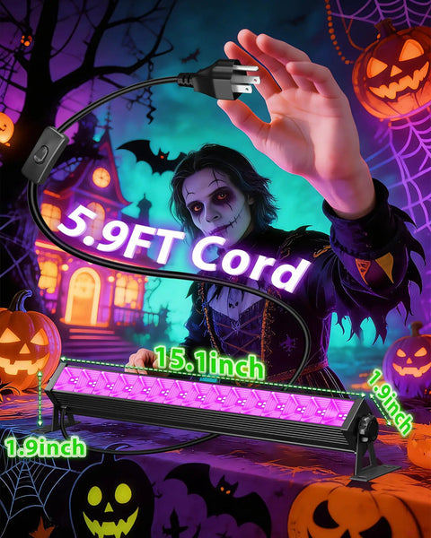 Ultra Bright 42W LED Black Light Bar With Plug In Switch And Five Point Nine Foot Cord, Halloween setting with pumpkins
