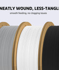 Three spools of 1.75mm PLA+ filament in gray, white, and black.