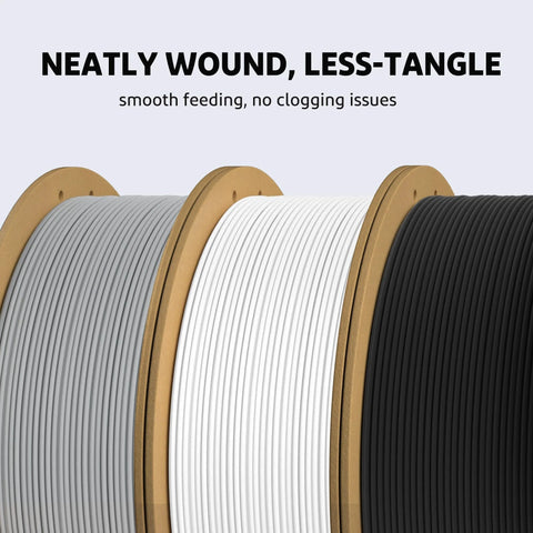 Three spools of 1.75mm PLA+ filament in gray, white, and black.